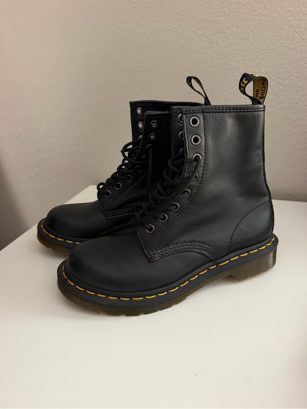 Dr. Martens Black Lace-Up Combat Boots with Yellow Stitching